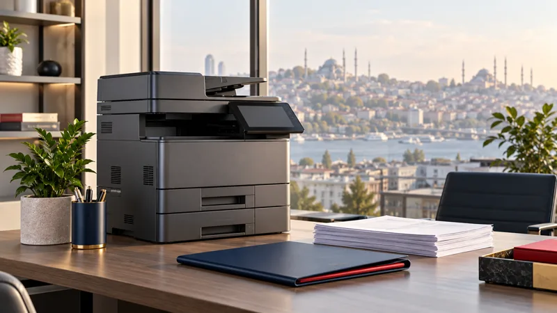 İstanbul silüeti ve ofis fotokopi cihazının temsili görseli